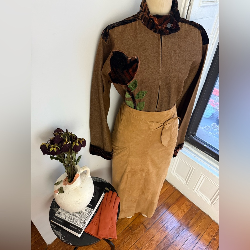 Vintage Raw Denim Brown Half Zip Jacket Velvet Trim Floral Appliqué handmade - Picture 13 of 13